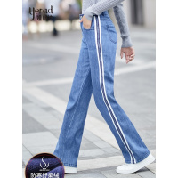 娅丽达女裤直筒加绒牛仔裤女2018冬季新款高腰宽松阔腿裤条纹长裤H4720