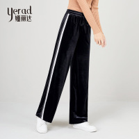 娅丽达金丝绒阔腿裤女春秋黑色条纹垂感宽松直筒运动长裤H3903A0