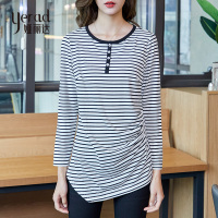 娅丽达女装2019夏季新款长袖体恤女圆领条纹简约韩版中长款内搭U5157