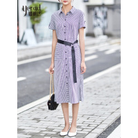 娅丽达女装2019夏季新款连衣裙中长款A字裙高腰条纹系扣职业裙子I6309