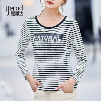 娅丽达女装2019夏季新款长袖T恤女字母条纹宽松春秋内搭打底衫U5053