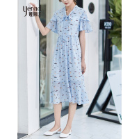 娅丽达女装2019夏季新款雪纺连衣裙中长款高腰碎花韩版套头A字裙I6312