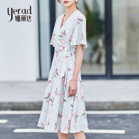 娅丽达女装2019夏季新款雪纺连衣裙中长款A字V领高腰碎花仙女裙I6313