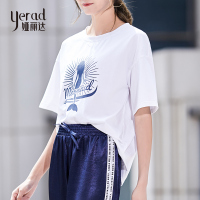 娅丽达女装2019夏季新款白色短袖T恤女宽松圆领印花韩版体恤衫I6035