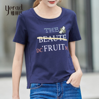 娅丽达女装2019夏季新款短袖T恤女宽松圆领字母韩版纯棉女士上衣I6024