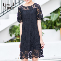 娅丽达女装2019夏季新款蕾丝连衣裙公主裙中长款五分袖纯色裙子I6321