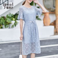 娅丽达女装2019夏季新款蕾丝公主裙中长款荷叶袖高腰纯色连衣裙I6317