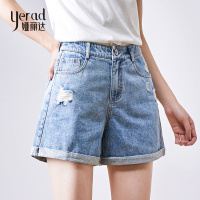 娅丽达女裤破洞牛仔短裤女2019夏阔腿牛仔裤翻边时尚薄款三分热裤I2197