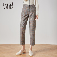 娅丽达女裤2019秋季新款裤子女羊毛格子裤英伦宽松休闲九分哈伦裤I3619