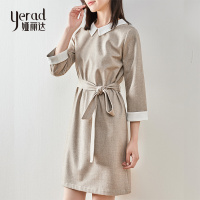 娅丽达女装2019秋季新款连衣裙宽松长袖中长款娃娃领纯色女士裙子I7333