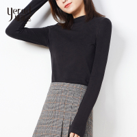 娅丽达女装长袖T恤女2019秋季新款高领修身女士弹力黑色打底衫I8001