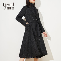 娅丽达女装粗花呢大衣2019秋冬新款高腰纯色系带加厚韩版时尚外套I8716