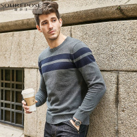 奢步士男装 秋装新款薄款针织衫时尚撞色条纹毛衣男圆领修身帅气上衣