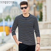 奢步士男装 秋季新款男士圆领长袖T恤条纹撞色时尚舒适上衣