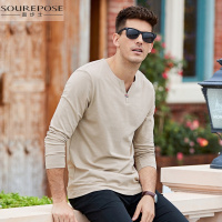 奢步士男装 秋季新款男士长袖V领T恤纯色微弹时尚透气基础打底衫