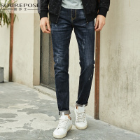 奢步士男装 秋季新款男士牛仔裤时尚猫须水洗纯色修身长裤