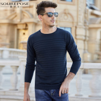 奢步士男装 秋季新款男士圆领毛衣扭花纯色套头休闲薄款针织衫