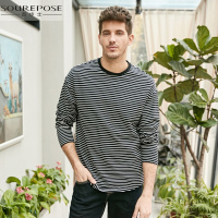 奢步士男装 秋季新款长袖T恤男简约明亮条纹落肩袖圆领打底衫男