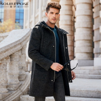 奢步士男装 冬季新款男士呢大衣中长款拉链连帽休闲毛呢外套