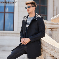 奢步士男装 冬季新款男呢大衣中长款拉链连帽纯色混纺毛呢外套