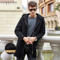 奢步士男装 冬季新款男士连帽羊毛面料舒适防风保暖双面呢大衣