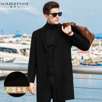 奢步士男装 冬季新款男士平驳领纯色排扣商务休闲中长款呢大衣