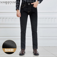 奢步士男装 冬季新款男士直筒商务休闲加绒保暖牛仔裤