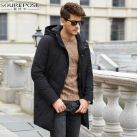 奢步士男装 冬季新款男士连帽外套防风保暖中长款羽绒服