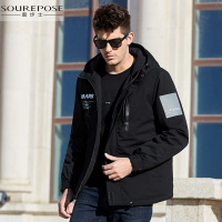 奢步士男装 冬季新款男士连帽棉服胸字母印花时尚袖标保暖棉衣