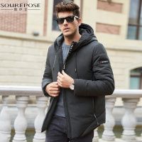 奢步士男装 冬季新款男士连帽贴标装饰时尚保暖中长款羽绒服