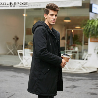 奢步士男装 冬季新款棉衣外套男 中长款连帽腰部抽绳棉服棉衣