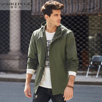 奢步士男装 秋装新款夹克男青年 简约纯色纯棉军装连帽夹克外套男