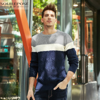 奢步士男装 秋装新款男士毛衣圆领 撞色舒适保暖针织衫男青年