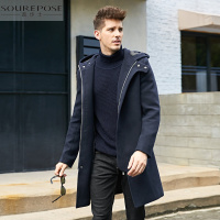 奢步士男装 毛呢大衣男冬季新款纯色连帽中长款呢大衣外套男