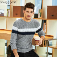 奢步士男装 秋装新款针织衫男长袖 简约撞色质感圆领毛衣男