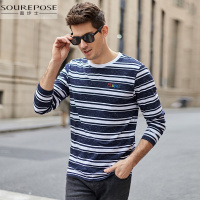 奢步士男装 2019春季新款男士欧美潮流撞色条纹长袖T恤