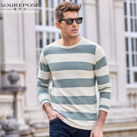 奢步士男装 2019春季新款男士撞色条纹打底衫