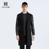 法国HLITOR 欧洲新款简约男装PU皮拼接袖高档羊毛大衣