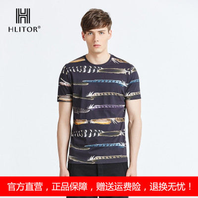 法国HLITOR专柜正品都市户外系列双丝光棉羽毛数码印圆领短袖T恤