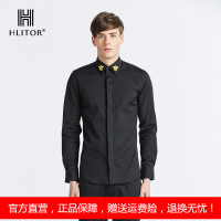 法国HLITOR专柜正品春夏时尚都市蝴蝶刺绣纯黑百搭男士长袖衬衫