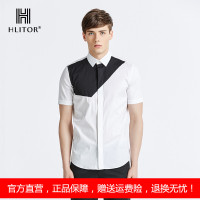 法国HLITOR专柜正品短袖黑白撞色免烫衬衫男士时尚拼色个性衬衣