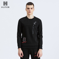 法国HLITOR欧洲时尚舒适黑色圆领手缝珠刺绣男装春夏长袖T恤