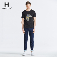法国HLITOR专柜正品春夏时尚都市洗水中腰深蓝针织青年牛仔裤