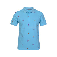 法国HLITOR正品夏季透气翻领立领短袖纯棉男装刺绣花纹T恤