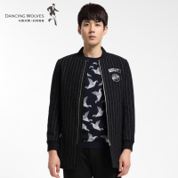 清仓特卖/ 与狼共舞棒球领毛呢大衣男装竖条纹中长款呢子大衣Z