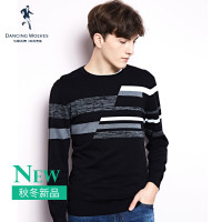 与狼共舞针织衫男秋季新款男装圆领条纹毛衣修身青年韩版男毛衫