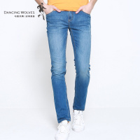 清仓特卖/与狼共舞牛仔裤男2018夏季男士修身弹力小脚浅蓝色裤子Z