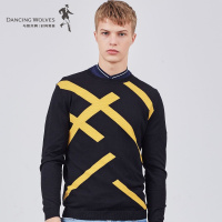 与狼共舞针织衫男2018秋季新款男装撞色圆领青年韩版男士毛衣毛衫