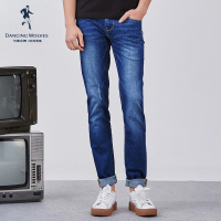 与狼共舞牛仔裤男2018秋冬新款修身休闲蓝色牛仔裤子直筒长裤男潮