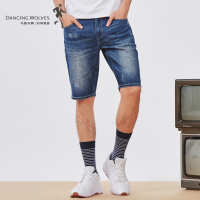 与狼共舞牛仔短裤男士2018夏季男装水洗抓破修身小脚五分裤子DY